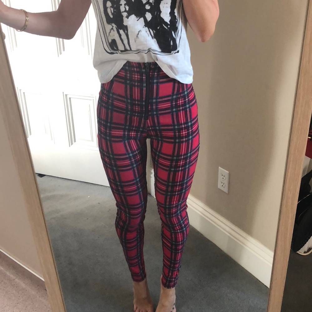 Red plaid leggings pants